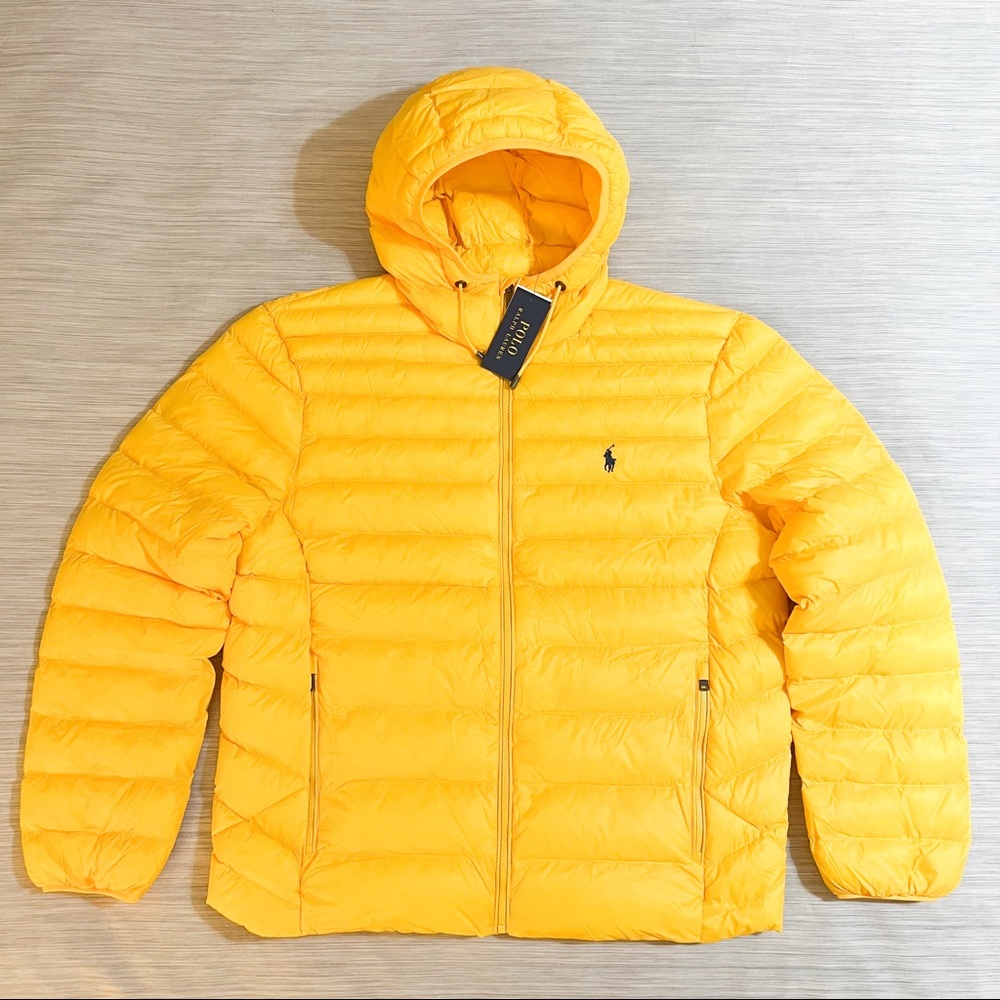 Polo Ralph Lauren Packable Lightweight Hooded PufferJacket Yellow Navy Blue Pony